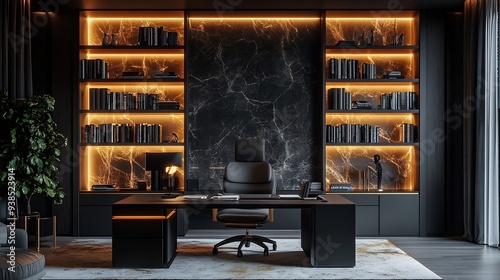 stylish luxury home office interior in an ultramodern brutal apartment in dark colors and cool led lighting : Generative AI photo