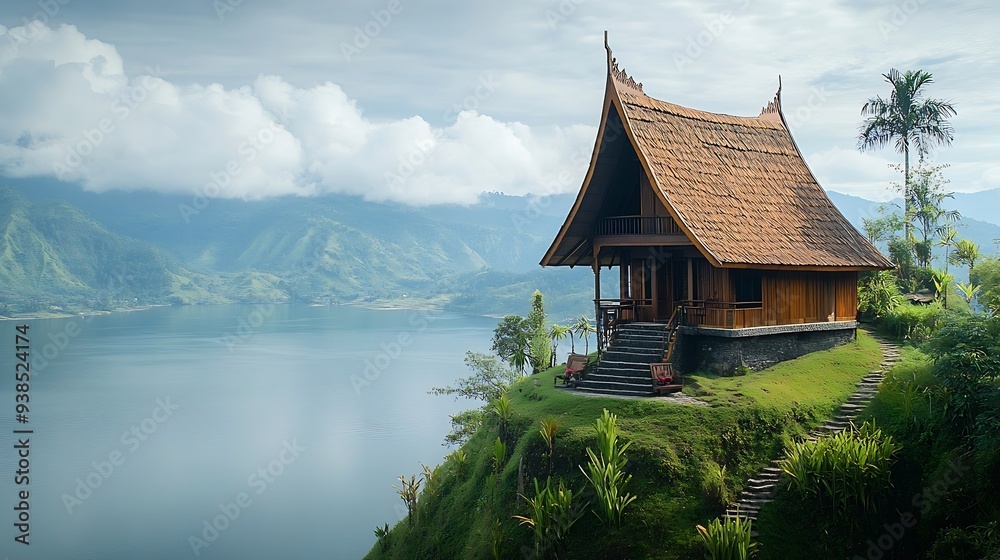 Obraz premium Traditional house on top of a hill on the edge of a lake Batak Traditional House on the shores of Lake Toba : Generative AI