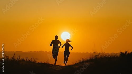 Silhouette of Caucasian couple running at dawn