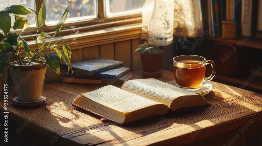 A reading spot with an open book on a wooden table, and a cup of tea nearby A reading spot with an open book on a wooden table, and a cup of tea nearby