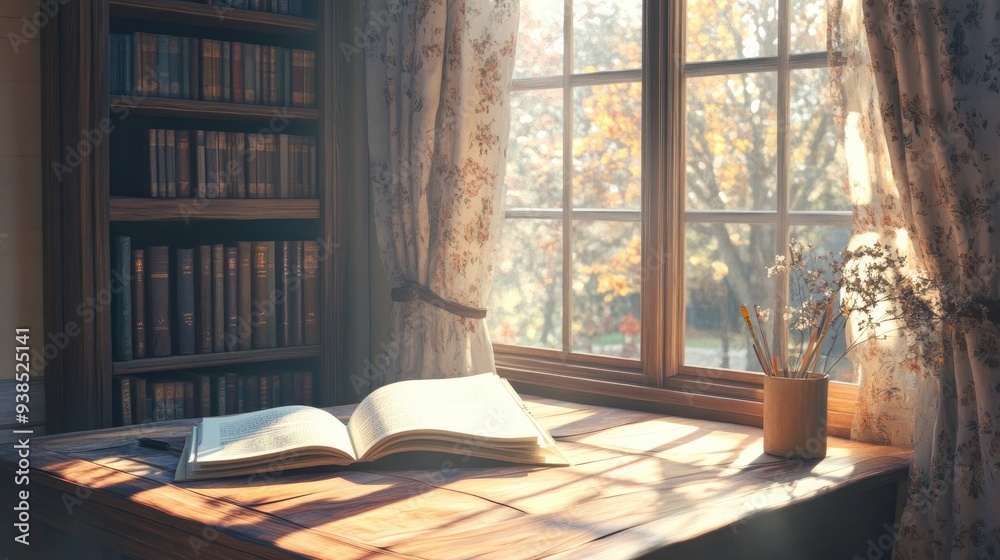 Fototapeta premium A study scene with an open book on a wooden table, sunlight filtering through a nearby window