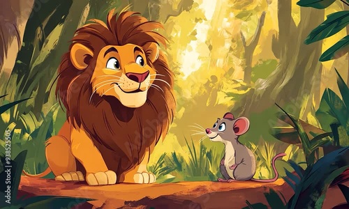 2D cartoon style illustration featuring a children s story about a lion and a rat photo