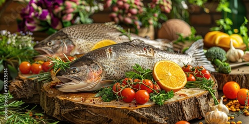 Fresh Seer Fish and Kingfish Decorated with Herbs and Vegetables on a Wooden Tray with a Selective Focus photo