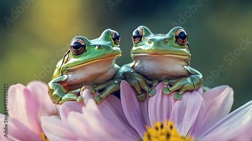 Two green frogs sitting on a flower