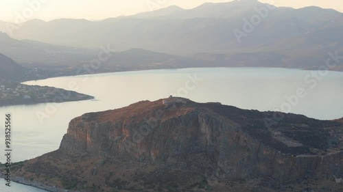 Greece Peloponnese Region Monemvasia Town and Peninsula at Sunset Aerial View 4K photo