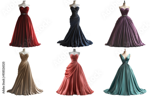 Elegant evening gowns in various colors isolated on transparent background