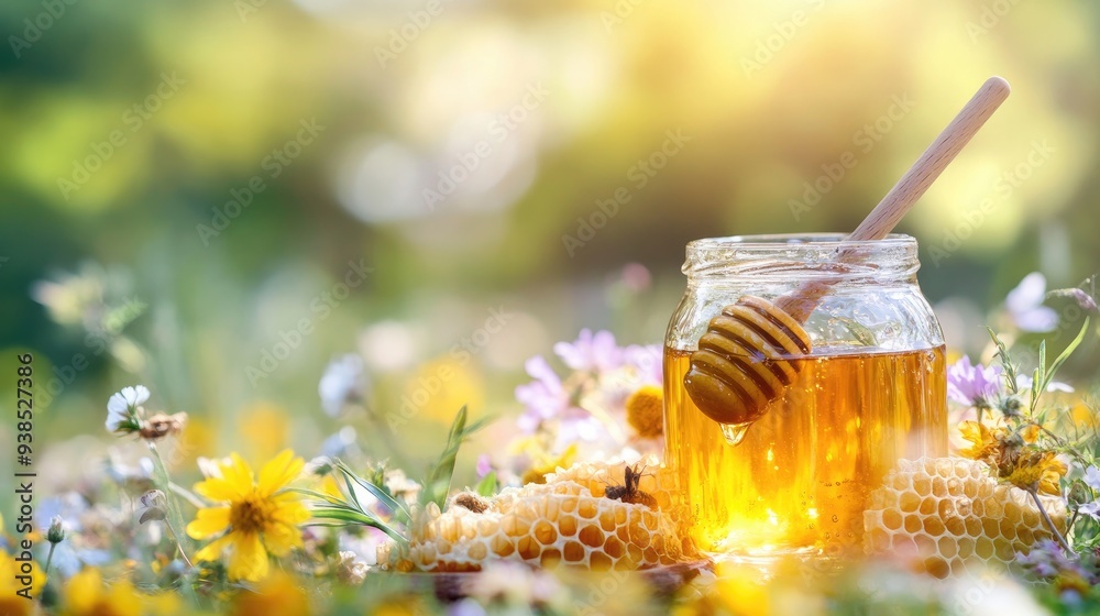 A jar of golden honey with a wooden dipper, surrounded by wildflowers and honeycomb A jar of golden honey with a wooden dipper, surrounded by wildflowers and honeycomb