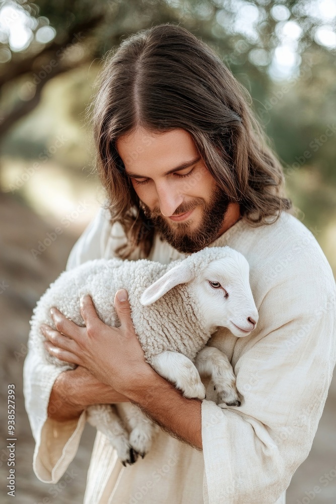 Divine tenderness: Jesus Christ lovingly cradling lamb, representing His role as Good Shepherd, reflecting essence of nurturing leadership and spiritual protection in heartfelt portrayal. Divine tenderness: Jesus Christ lovingly cradling lamb, representing His role as Good Shepherd, reflecting essence of nurturing leadership and spiritual protection in heartfelt portrayal.
