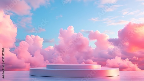 Surreal podium outdoor on blue sky pink violet pastel soft clouds with spaceBeauty cosmetic product placement pedestal present stand minimal displaysummer paradise dreamy concept : Generative AI photo