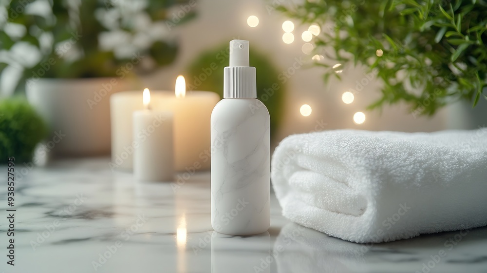 White cosmetic spray bottle mockup with towel and candle on marble background : Generative AI White cosmetic spray bottle mockup with towel and candle on marble background : Generative AI