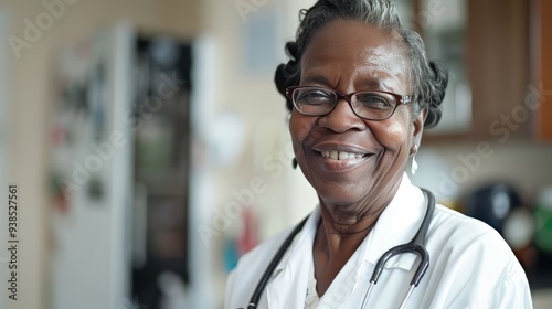 Elderly Afro-American female doctor in white professional clothes ,woman smiling