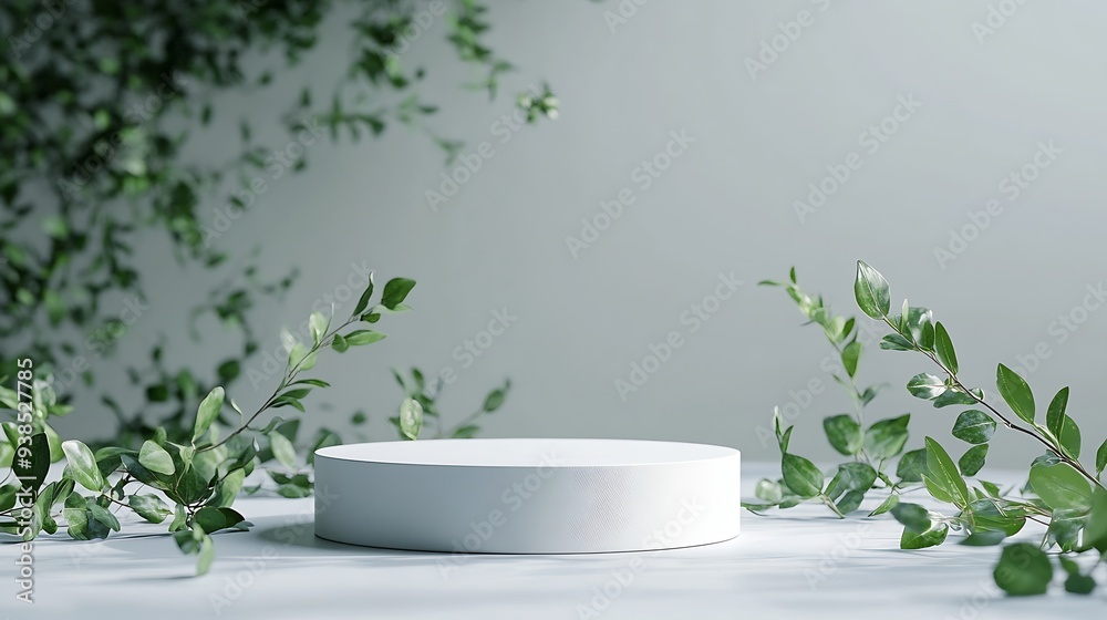 Empty white podium and green leaves on light grey background top view Pedestal and fresh natural branches for cosmetic marketing Product presentation or sale mockup Top view Minimal fl : Generative AI Empty white podium and green leaves on light grey background top view Pedestal and fresh natural branches for cosmetic marketing Product presentation or sale mockup Top view Minimal fl : Generative AI
