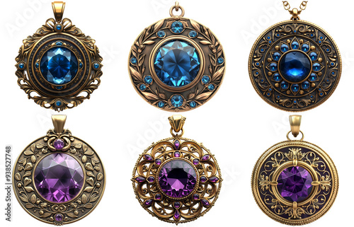 Vintage pendants with intricate gemstone designs isolated on transparent background