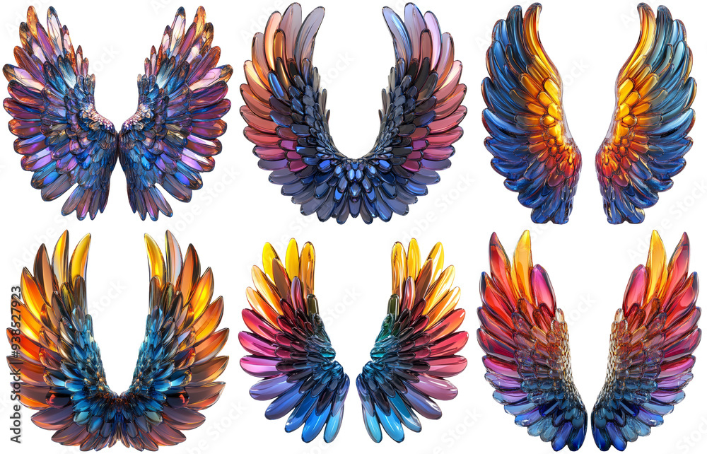 Colorful bird wings in different styles and patterns isolated on transparent background Colorful bird wings in different styles and patterns isolated on transparent background