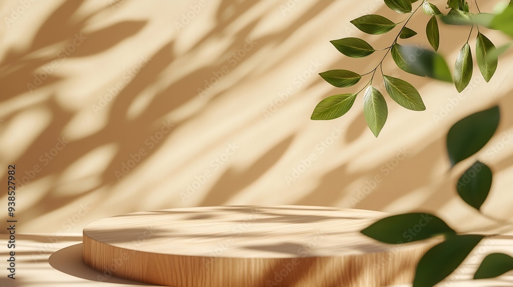 Wooden podium top view with leaves shadows on beige background Showcase for product presentation flat lay banner size : Generative AI Wooden podium top view with leaves shadows on beige background Showcase for product presentation flat lay banner size : Generative AI