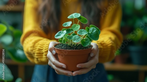 Caring woman plant lovers grows rare houseplants at home Decor shelf wide variety potted plants Interested female holds Pilea sprout in small pot Hobby concept : Generative AI photo