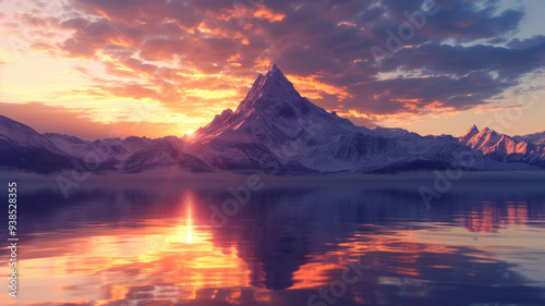 Awesome snowy mountain peak reflecting in calm water at sunset