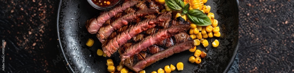 Savory Wagyu Steak with Paprika and Corn Served on a Plate Savory Wagyu Steak with Paprika and Corn Served on a Plate