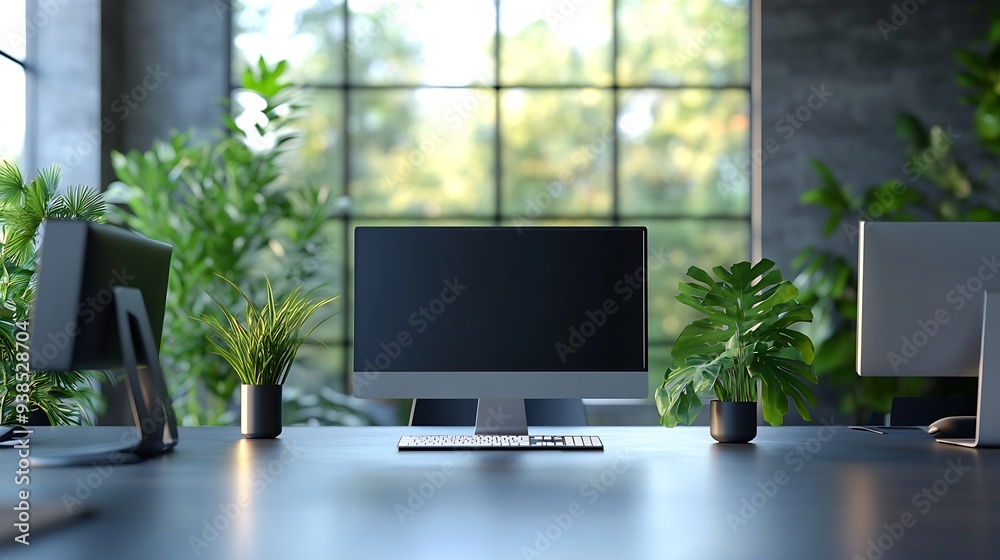 Clean modern office interior with computers and plants : Generative AI Clean modern office interior with computers and plants : Generative AI