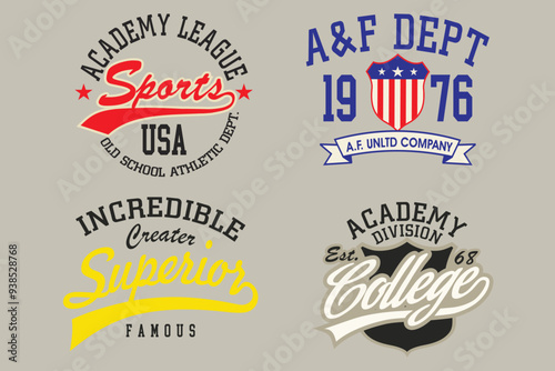 Sport wear typography emblem collection, T-shirt stamp graphic set, skate vintage tee print, athletic apparel design graphic print. Vintage Print for sportswear apparel, Athletic sport labels typograp