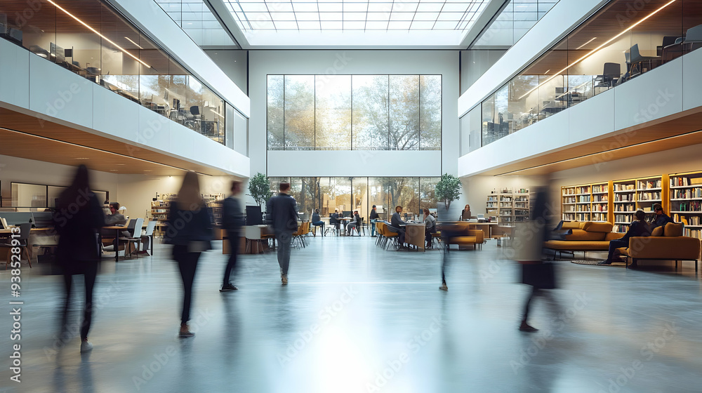 Blurred motion of people walking in a modern building with glass walls. Blurred motion of people walking in a modern building with glass walls.