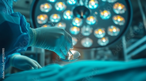 Hand of the Surgeon holds surgical instrument inside operating room in hospitalDoctor in blue uniform did minimal invasive endoscopic keyhole spine disc surgery technologyPeople work w : Generative AI photo