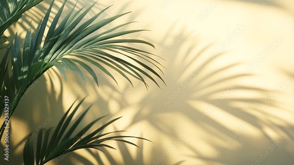 Blurred shadow from palm leaves on light cream wall Minimalistic beautiful summer spring background for product presentation : Generative AI Blurred shadow from palm leaves on light cream wall Minimalistic beautiful summer spring background for product presentation : Generative AI