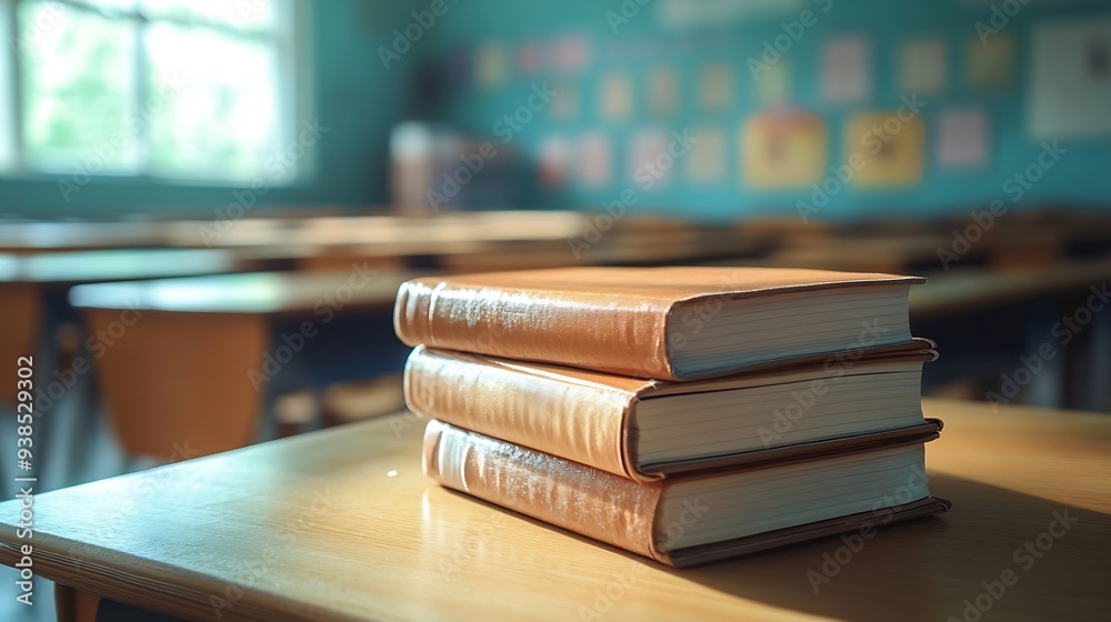 Stack of notebooks on wooden desk in empty classroom : Generative AI Stack of notebooks on wooden desk in empty classroom : Generative AI