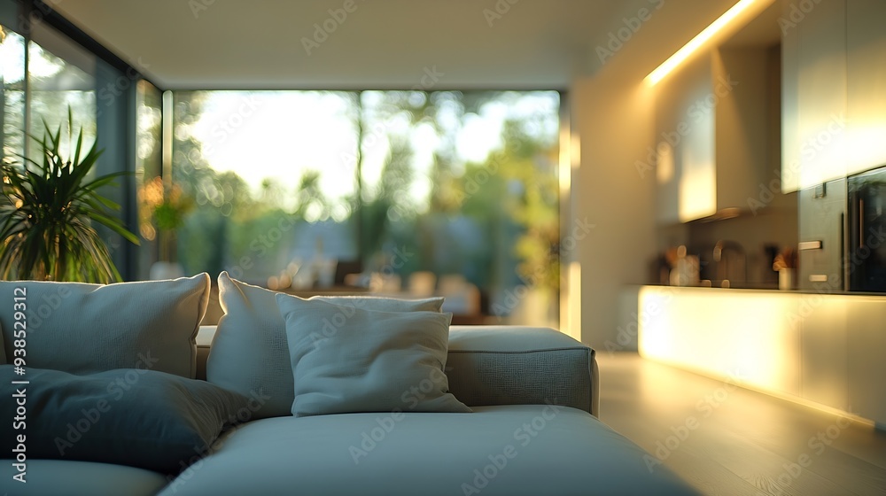 Fototapeta premium Blurred view of light living room with sofas : Generative AI