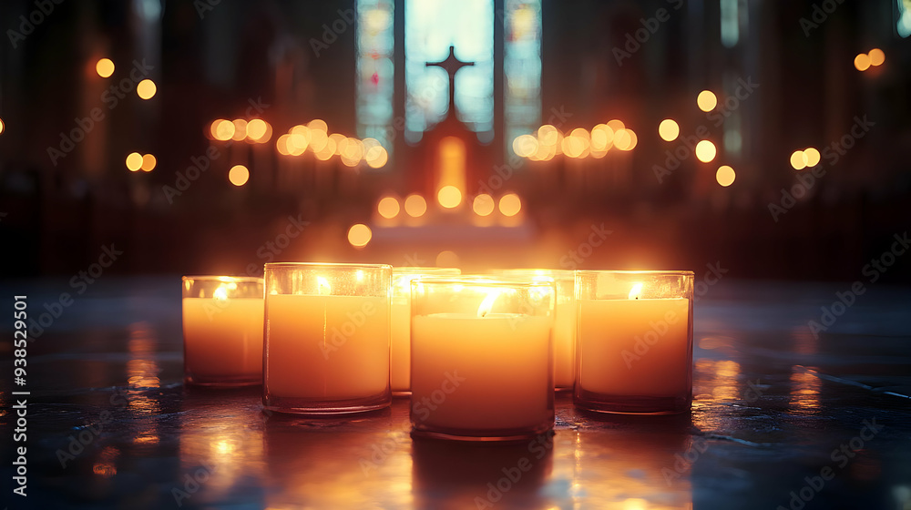Candles glowing in a church with a cross in the background. Candles glowing in a church with a cross in the background.