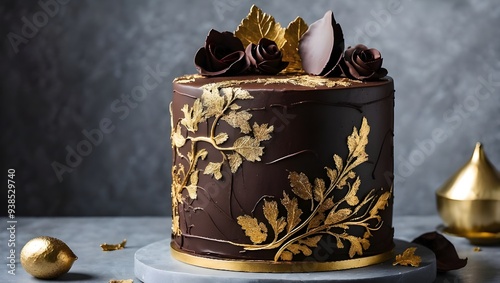 A Decadent Choclate Cake With Intricate Frodtimg Designs and Edigble Gold Leaf,Restourent Food photo