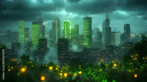 Cityscape with glowing green skyscrapers and trees at night. photo