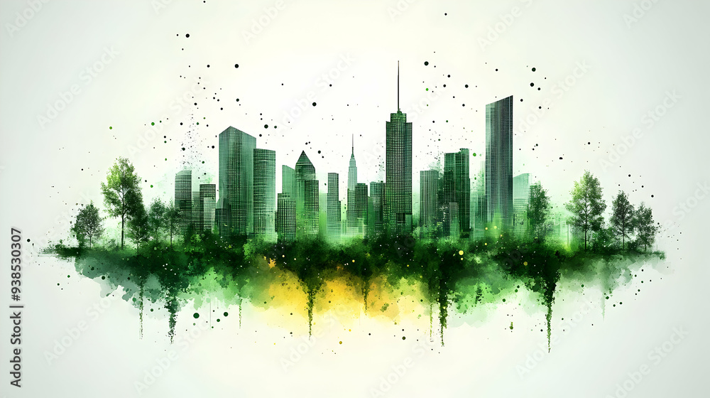 Cityscape with Green Watercolor Effect.