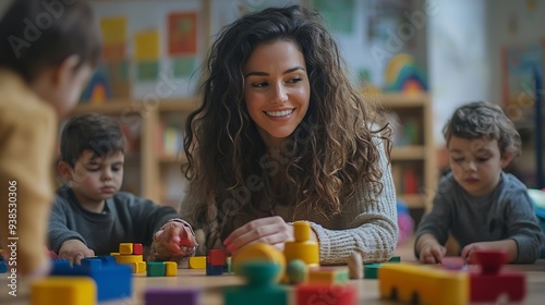 Young woman teacher playing in a kindergarten with children on the floor with wooden multicolored toys Selective focus : Generative AI