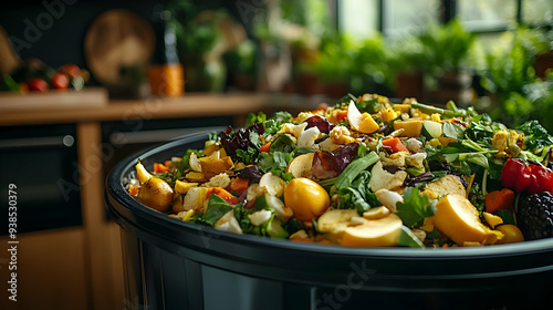 Close up of a compost bin full of kitchen scraps. photo