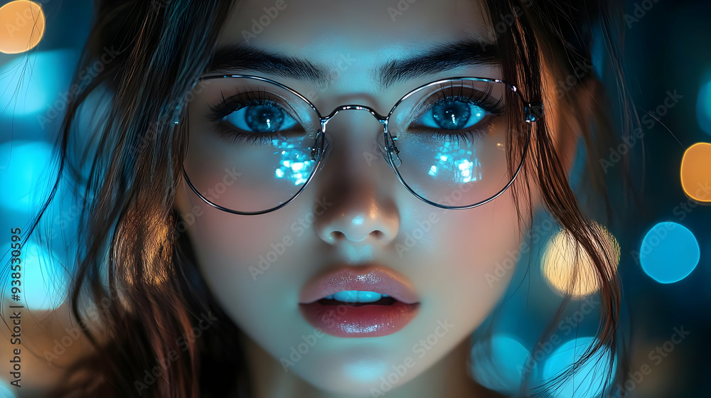 Close up of a woman wearing round glasses with blue lights reflected in them. Close up of a woman wearing round glasses with blue lights reflected in them.