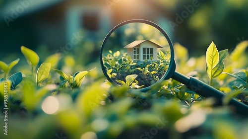 Magnifying glass and green house High energy efficiency Green technologies in construction Ecological housing Selfsufficient autonomous and zero carbon emissions Minimal impact on envi : Generative AI