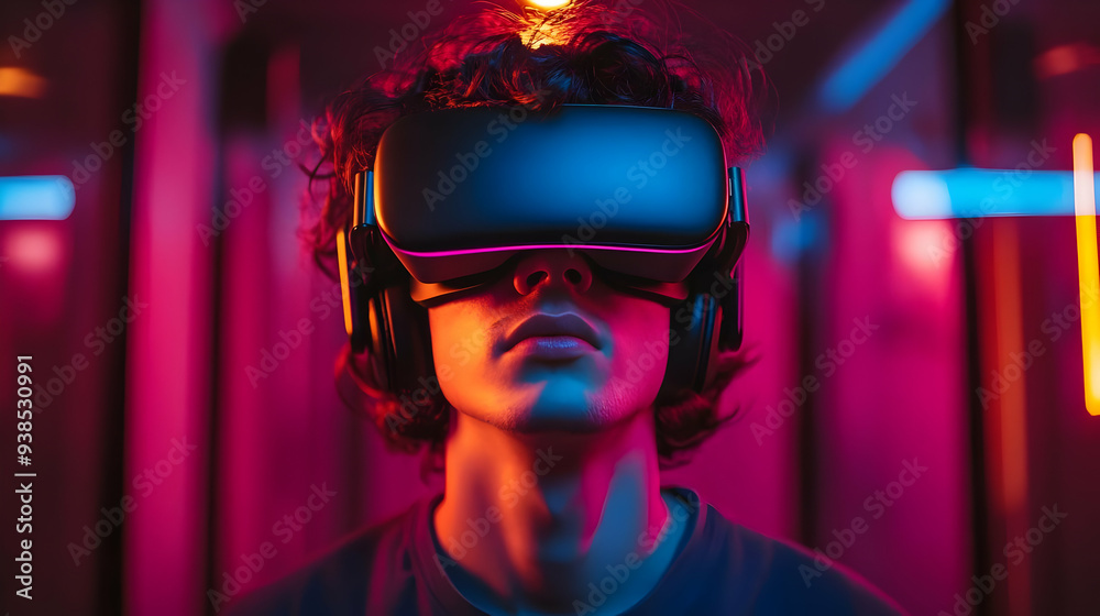 Close up of man in a VR headset with neon lights in the background. Close up of man in a VR headset with neon lights in the background.
