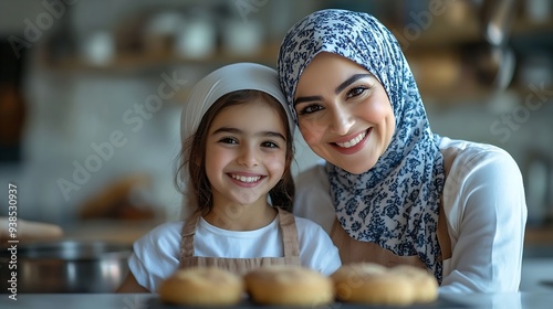 Cooking Team Smiling Arabic Mom And Her Daughter Enjoying Baking Leisure In Modern Kitchen Indoor Standing Back To Back Near Table Posing Ready To Make Tasty Pastry Cake and Cookies To : Generative AI