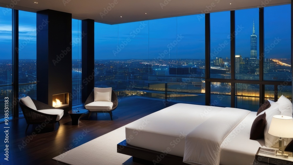 Fototapeta premium penthouse bedroom at night, dark gloomy, A room with a view of the city from the bed
