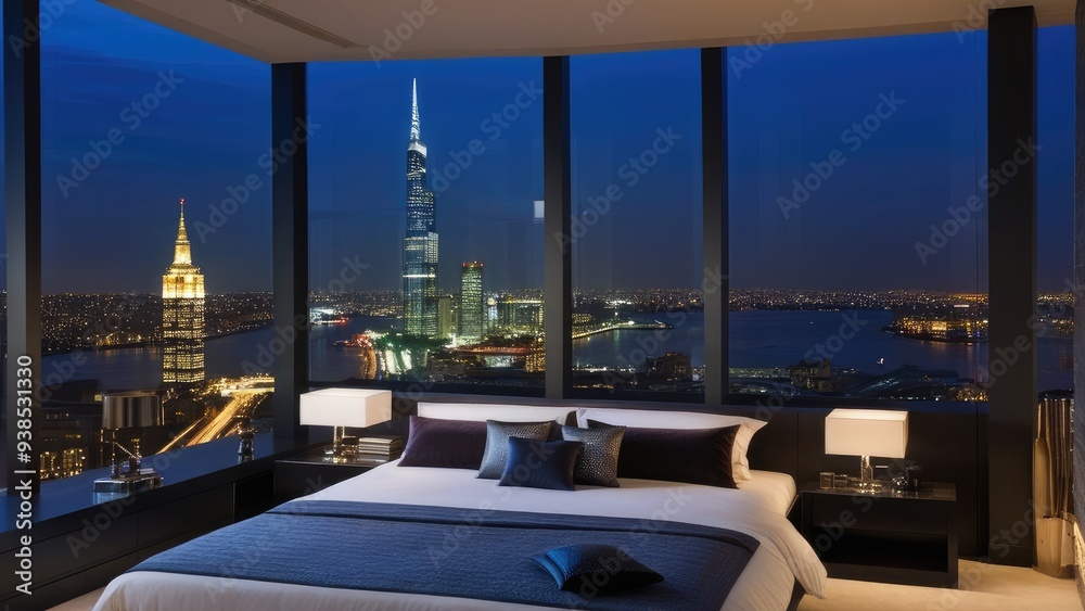 Fototapeta premium penthouse bedroom at night, dark gloomy, A room with a view of the city from the bed