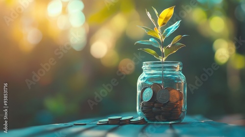 A plant growing out of a jar filled with coins, representing the growth potential of investments photo