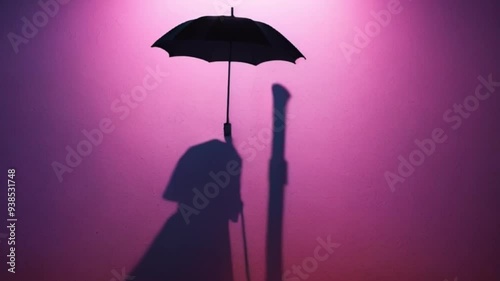 abstract neon Blurred shadow of someone with umbrella, motion