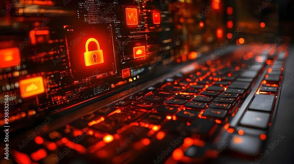 Close-up of a laptop keyboard with glowing orange keys and a padlock icon on the screen. Close-up of a laptop keyboard with glowing orange keys and a padlock icon on the screen.