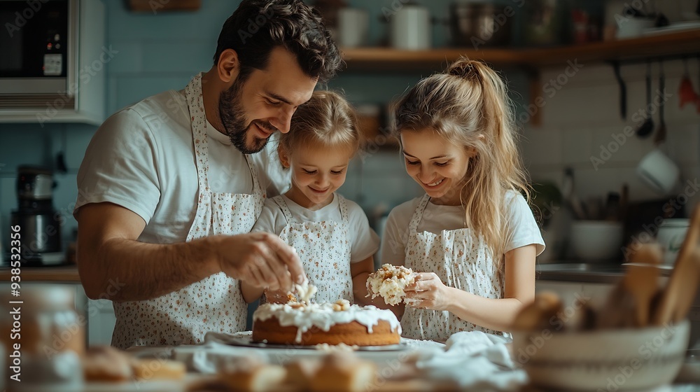 Young family baking a cake together in the kitchen : Generative AI Young family baking a cake together in the kitchen : Generative AI