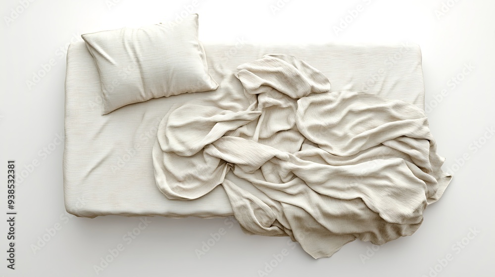 Obraz premium Closeup Top view on beige fabric Bed with white blanket fabric modern contemporary isolate on white background : Generative AI