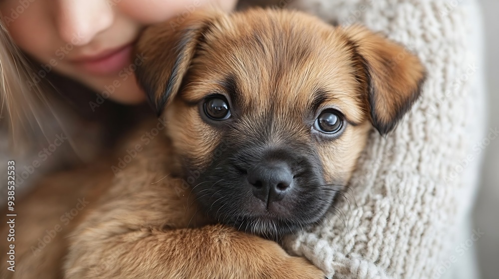 Female Owner Holding And Cuddling Border Terrier Puppy At Home : Generative AI Female Owner Holding And Cuddling Border Terrier Puppy At Home : Generative AI