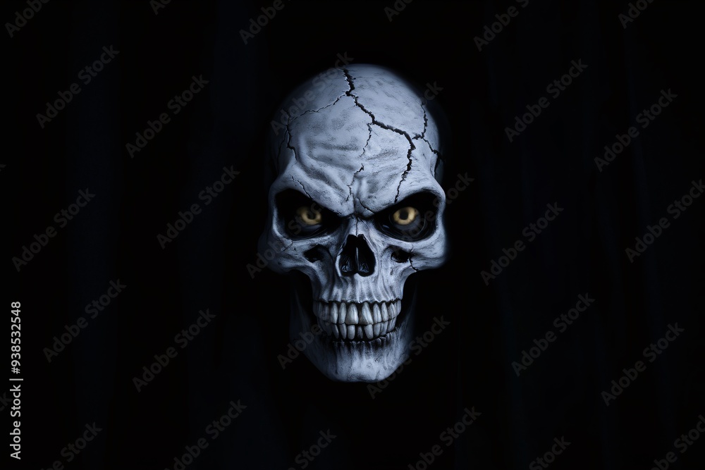 Scary skull face drawing with blurred yellow eyes in the middle of darkness.