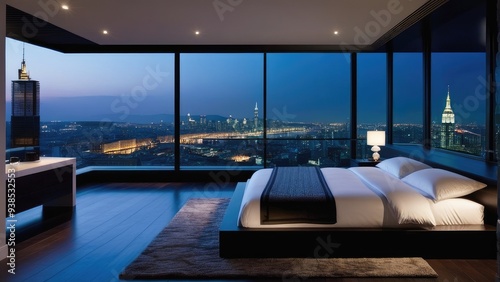 penthouse bedroom at night, dark gloomy, A room with a view of the city from the bed