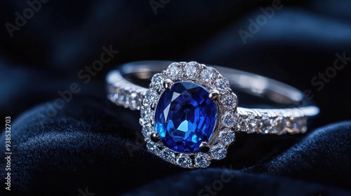 A sapphire ring with an intricate setting, displayed on a black velvet background, showcasing luxury